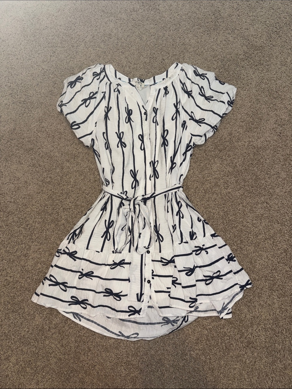 White and Navy Bow Print Button-Front Dress